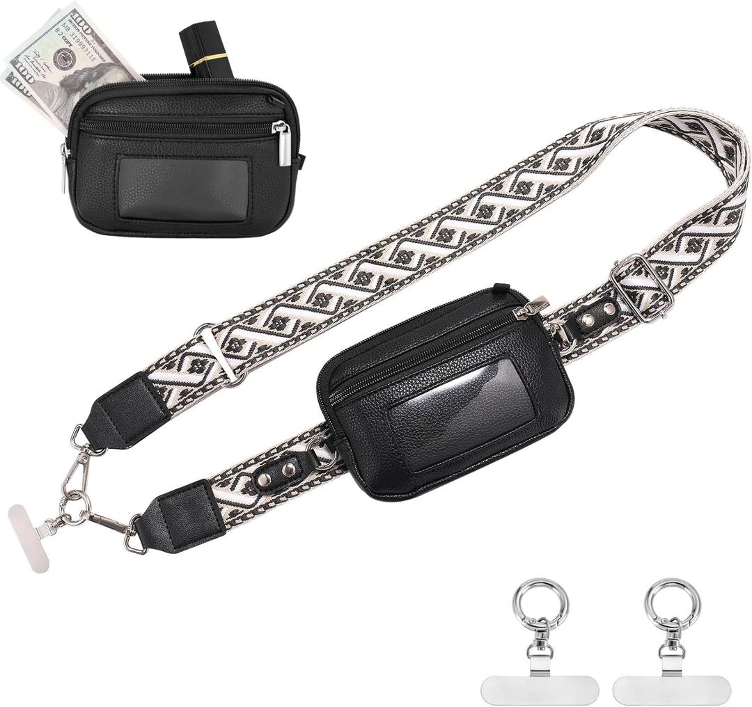Clip and Go strap for phone with Leather Wallet crossbody phone lanyard Detachable wrist wallet with RFID ID window (Black Pattern)