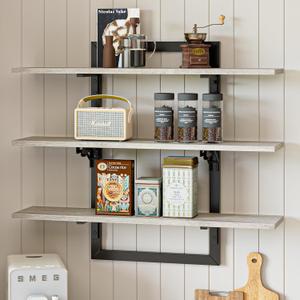 Bestier Floating Shelves for Wall, 32 inch Kitchen Shelves Wall Mounted, 3 Tier Coffee Bar Shelf with Foldable Brackets, Industrial Display Shelf for Bathroom, Living Room, Retro Grey