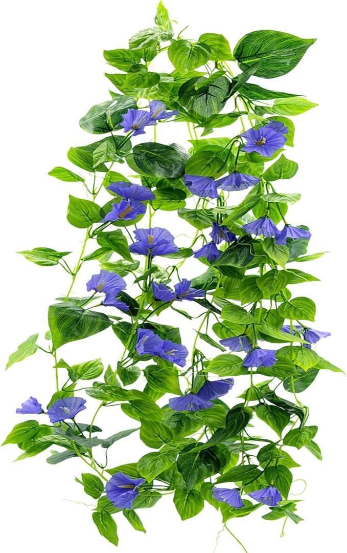 Artificial Vines 15Feet Silk Flower Garland for Outdoors Morning Glory Vine Artificial Flowers Hanging Plants Garland Fake Green Plant 2Pcs Dark Blue for Wall Fence Indoor Wedding Banquet Decor