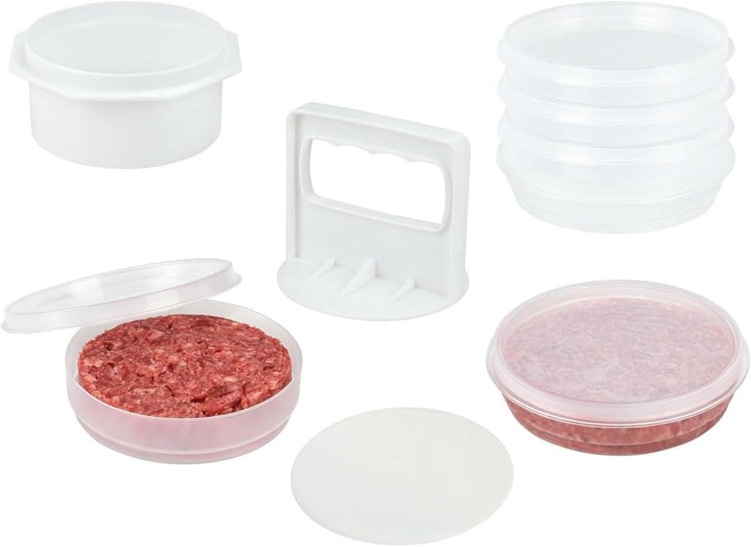 Hamburger Press Patty Maker - 4 in 1, Burger Mold, Patty Press, 10 Storage Containers, 100 Round Papers - Hamburger Patty Maker Tool for BBQ - Burger Shaper for Meat, Veggie Patties
