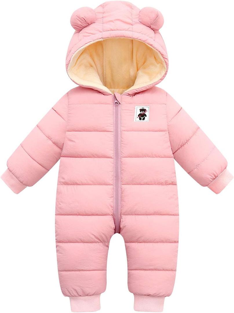 Happy Cherry Baby Snowsuit Winter Coat Warm Hoodie Romper Puffer Jacket (12-18 Months, Pink)