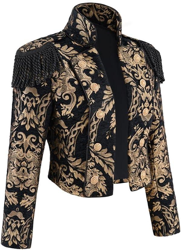 Women's Gothic Steampunk Stand Collar Jacket Black Gold Victorian Cropped Steampunk Jacket Short Coat (X-Large)