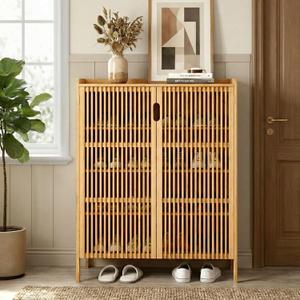 Bamboo Shoe Storage Cabinet for Entryway with Doors, Hidden Shoe Organizer