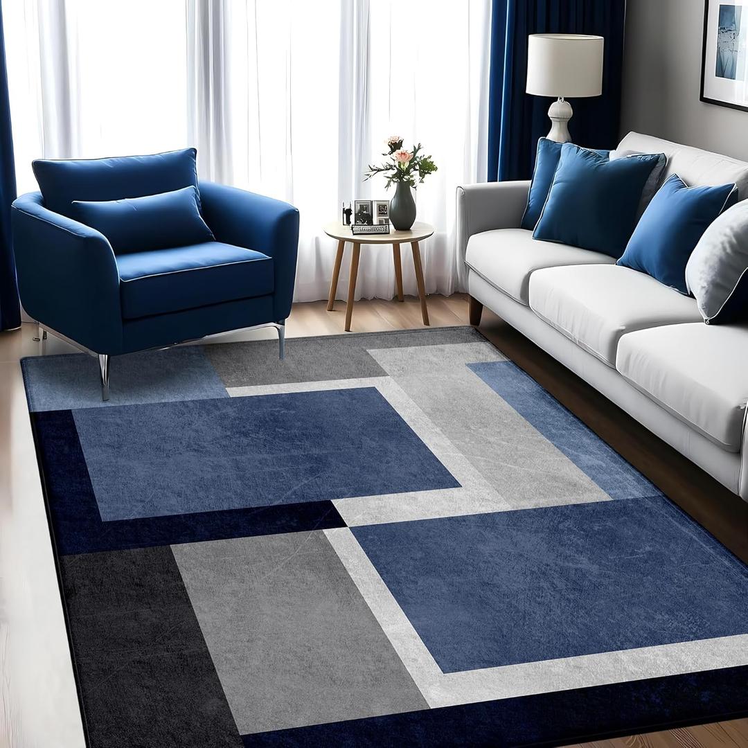 5x7 Area Rug Living Room, Blue Grey Geometry Rugs, Washable Square Contemporary Floor Carpet for Indoor Decor, Low Pile Non-Slip Modern Rug for Bedroom