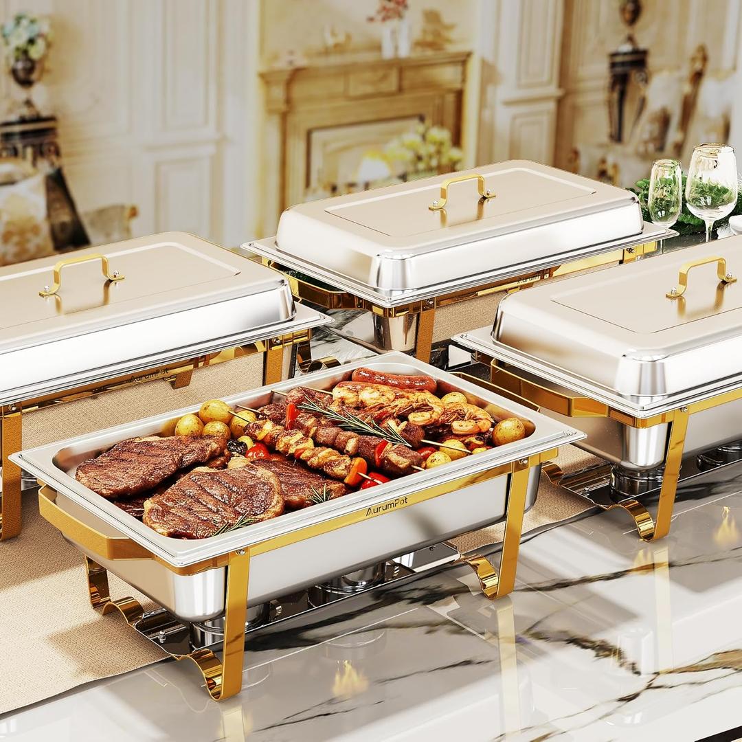 Chafing Dishes for Buffet 4 Pack, 9.5QT Food Warmers for Parties Buffet, Christmas Gatherings [Elegant Gold and Silver Colors] New upgrade Food Grade Stainless Steel,Buffet Servers and Warmers