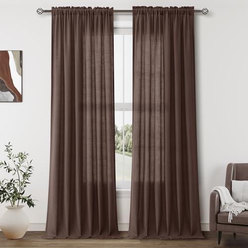 Guken Coffee Linen Curtains 84 Inch Length for Living Room Bedroom 2 Panels Set Rod Pocket Light Filtering Semi Sheer Window Curtains 52 Inch Width Boho Farmhouse Linen Drapes, W52xL84