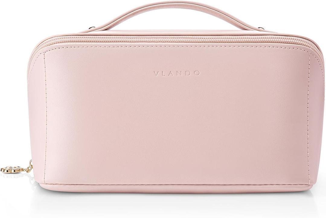 Vlando Makeup Bag,Large Capacity Toiletry Bag for Women Waterproof Portable Make up Pouch PU Leather Open Flat Cosmetic Bag(Peach Pink)