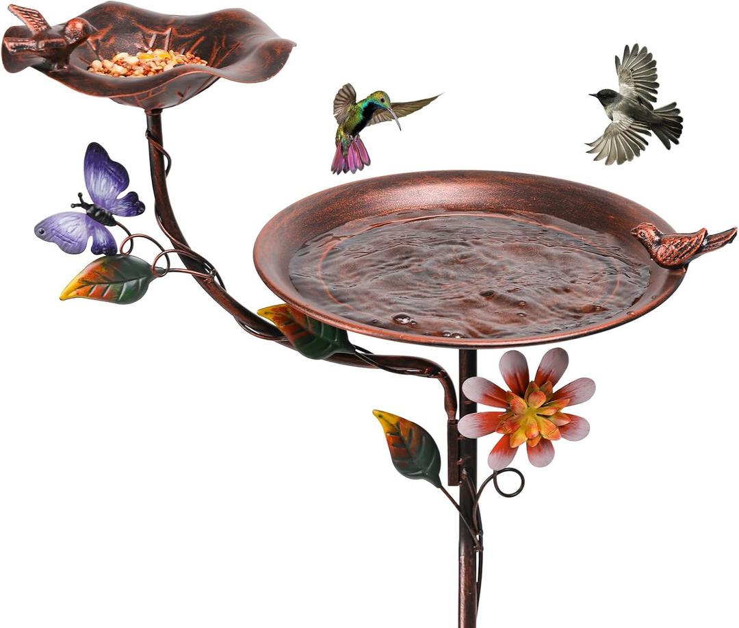 MUMTOP Bird Baths and Feeder for Outdoors, 55 inch Height Metal Birdbath Antique Garden Bird Feeder with Metal Stake for Garden Outside Yard Lawn Decorations, Copper