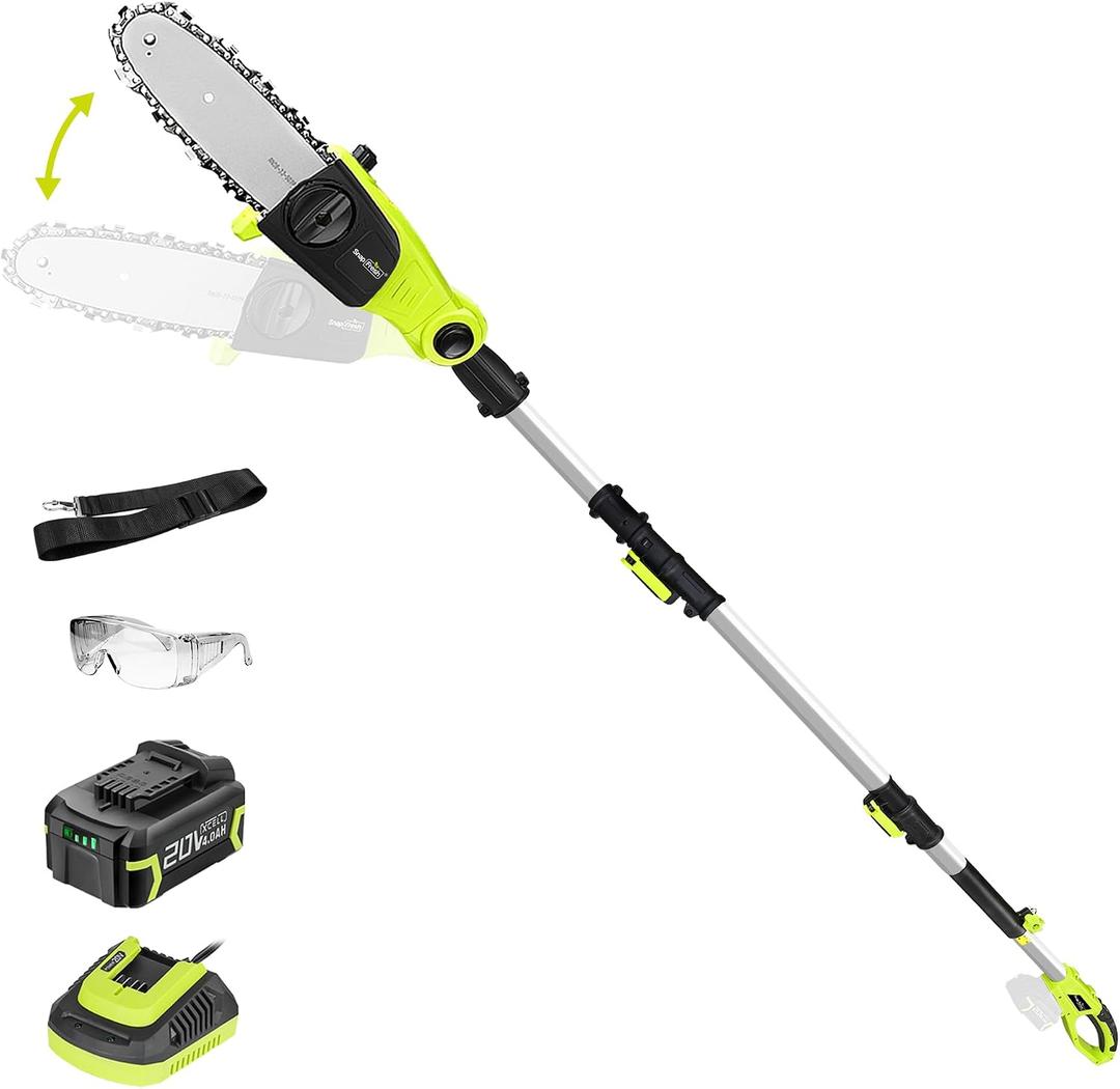 SnapFresh Cordless Pole Saw, 20V Brushless Tree Trimmer with 4.0Ah Battery | UL Certificated Battery & Charger, 23 Ft/s Cutting Speed, 3 Adjustable Cutting Angles, 8" Cutting Bar, 13 Ft Reach, Auto-oil