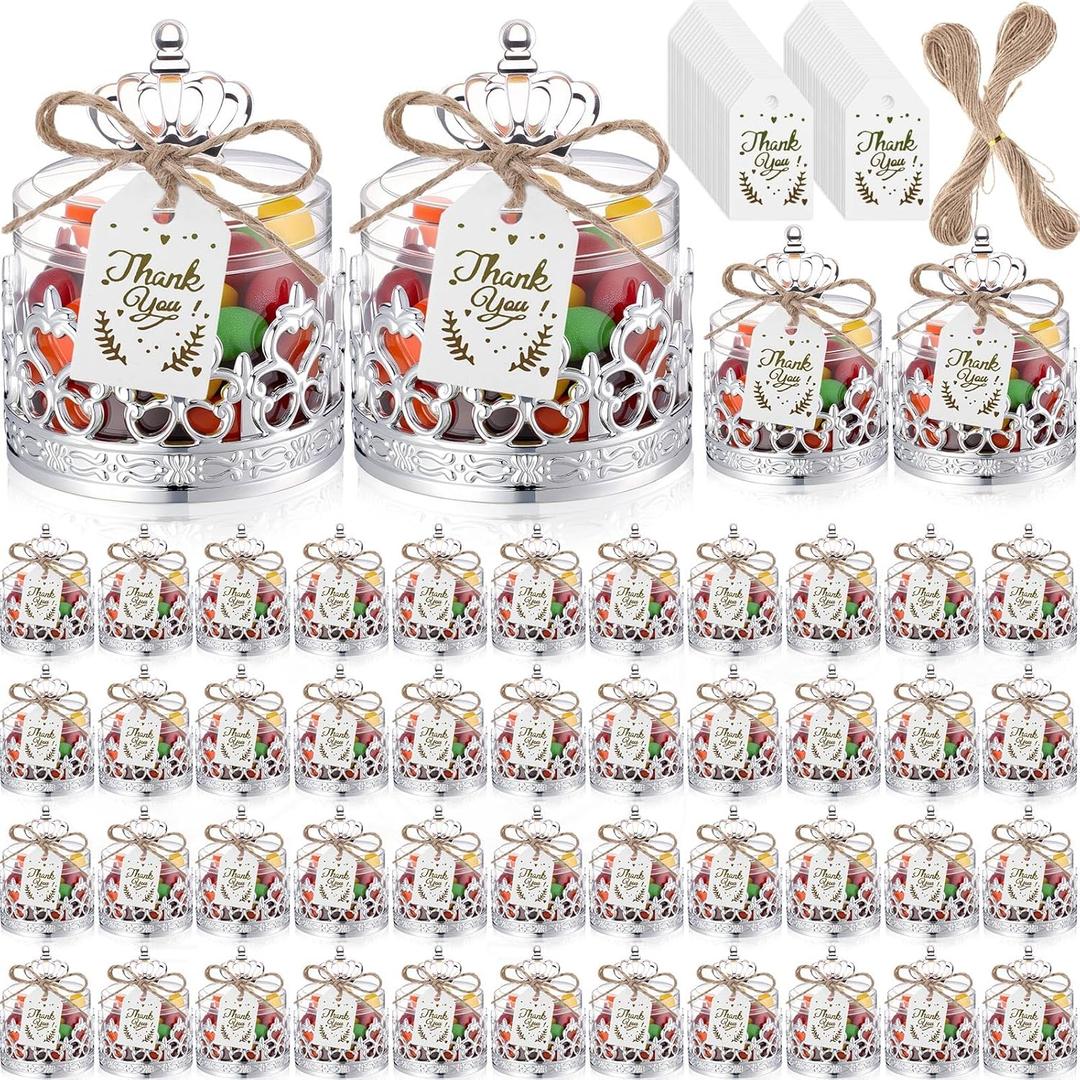 Jingmore 60 Sets Mini Crown Candy Boxes with Thank You Tags and Twine Plastic Candy Containers Storage Boxes Decorative for Wedding Baby Shower Party Princess Birthday Supplies (Sliver)