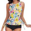 WOWENY High Neck Tankini Tops Only bathing suit tops for women Tummy Control swim tops UPF 50+ Swimsuit Top No Bottom (X-Large, Pink Flower)