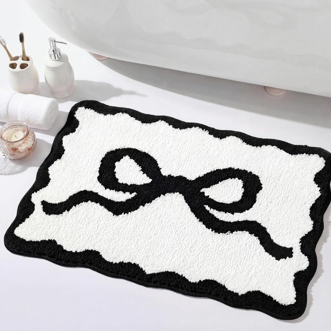 Tinideya Black Bow Bathroom Rug 16" x 24" Scalloped Bow Bath Mat Non Slip Cute Coquette Aesthetic Carpet Preppy Room Decor Microfiber Absorbent Mat for Mother's Day Bathtub Shower Bedroom Gift
