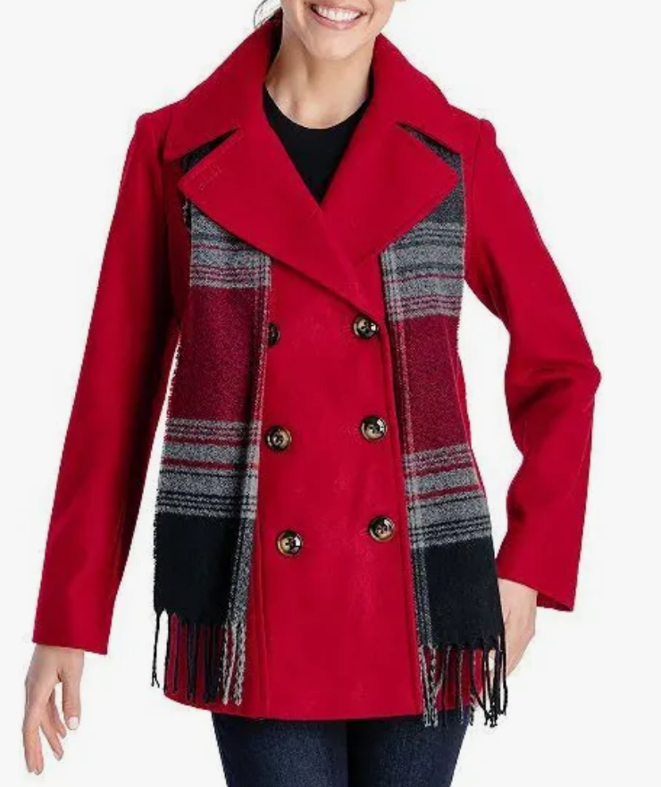 Womens Plus Scarfed Double Breasted Pea Coat 2X