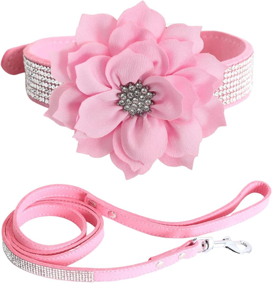 BRT Bearingshui Bling Rhinestone Leather Dog Collar and Leash Set, Soft Leather Sparkling Pink Dog Collar with Flower for Female Dogs, XS
