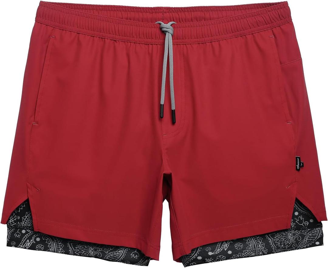 maamgic Mens Workout Shorts 2 in 1 Stretch 5" Gym Shorts Running Shorts with Compression Liner Zip Pocket (X-Small, Red)