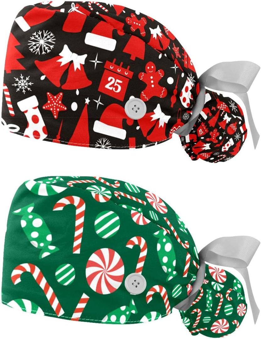 Christmas Snowflake Scrub Hats for Women Long Hair Working Cap with Button & Sweatband 2 Pcs Unisex Tie Back Hats (Medium-3X-Large, Multicoloured 3)