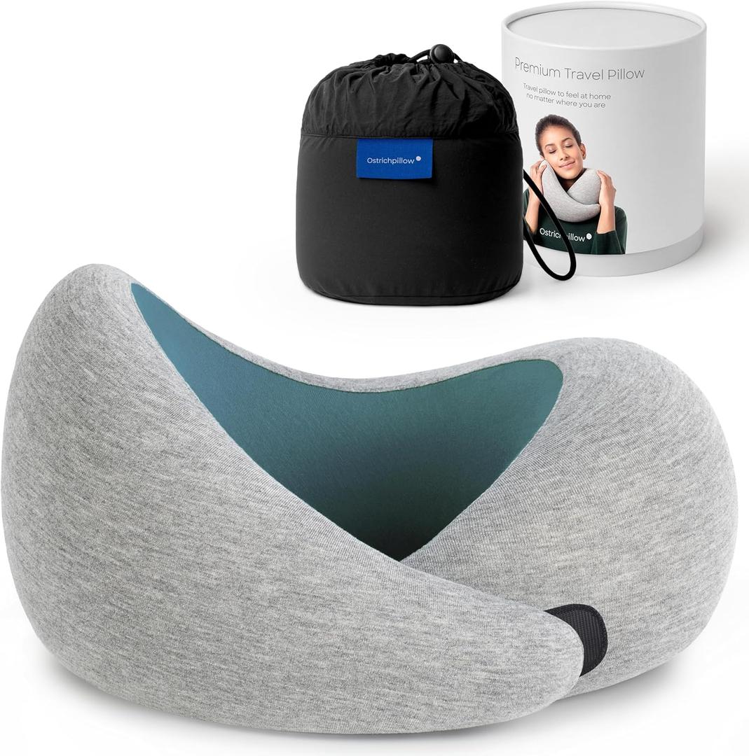 Ostrichpillow Go Neck Pillow, Travel Pillows for Airplanes, Premium Memory Foam Travel Pillow, 360 Ergonomic Design, Asymmetrical Sides, Travel Bag Included, Washable Modal Cover (Onesize, Blue Reef)