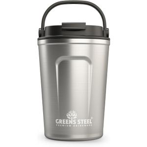 Greens Steel 12 oz Stainless Steel Insulated Coffee Mug, Silver - Leak-Proof Travel Thermos - Reusable Coffee Cup for Hot & Cold Drinks