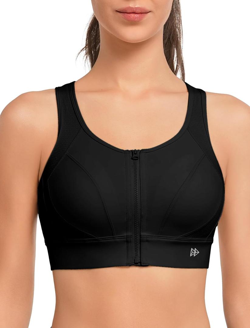 Yvette Front Closure Sports Bras for Women High Support Large Bust Supportive Racerback Sports Bra for Running (Black, L)