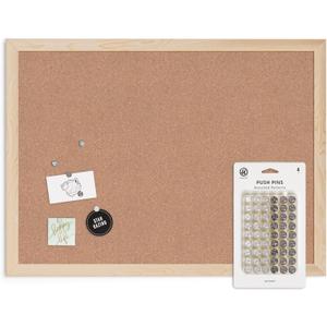 U Brands Vision Board Supplies Bundle, 17" x 23" Birch Wood-Style Frame Cork Bulletin Board & Set of 54 Push Pins in Assorted Styles