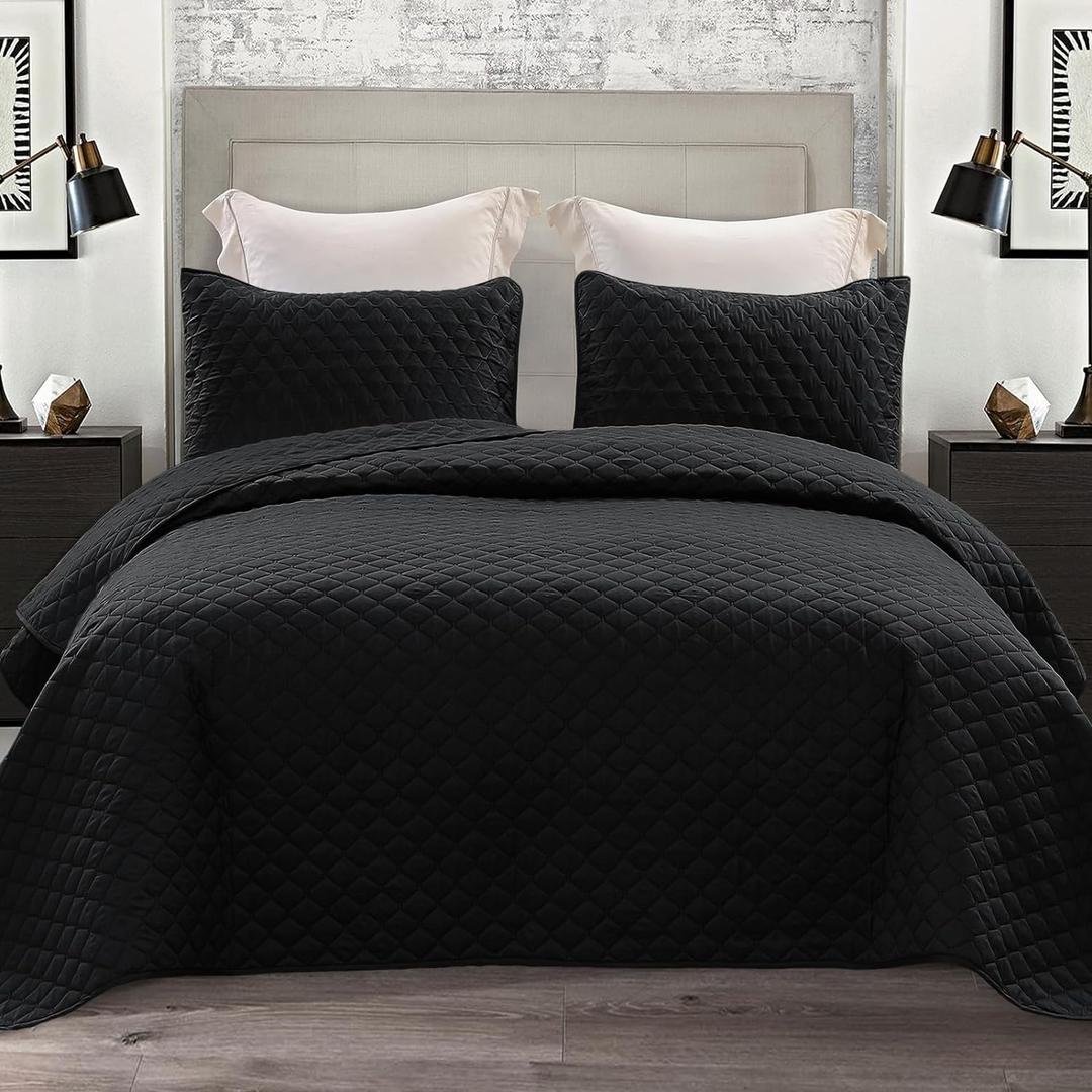 Exclusivo Mezcla Reversible Full Queen Quilt Bedding Set with Pillow Shams, Lightweight Quilts Queen Size, Soft Bedspreads Bed Coverlets for All Seasons - (Black, 90"x96")