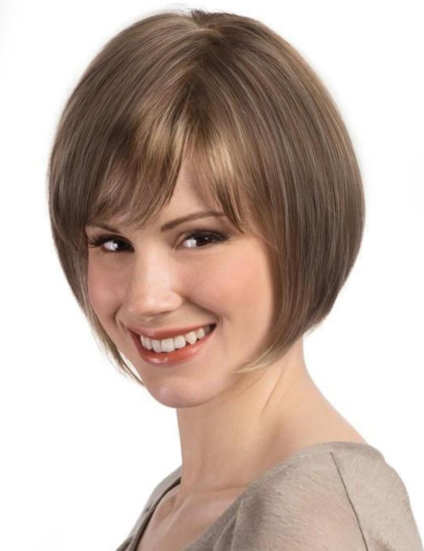 TISHINING Short Brown Mix Blonde Highlight Bob Wig with Bangs for White Women Chin Length Layered Mixed Brown Straight Bob Wig 10 Inch Synthetic Natural Looking Daily Party Wig (Brown mixed blonde highlight)