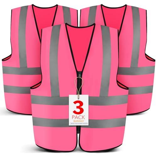 BURVAGY 3-Pack Reflective Safety Vest For Women Men - High-Visibility Safety Vest with 2in Reflective Strips for Emergency, Construction, and Safety Use-Pink XL