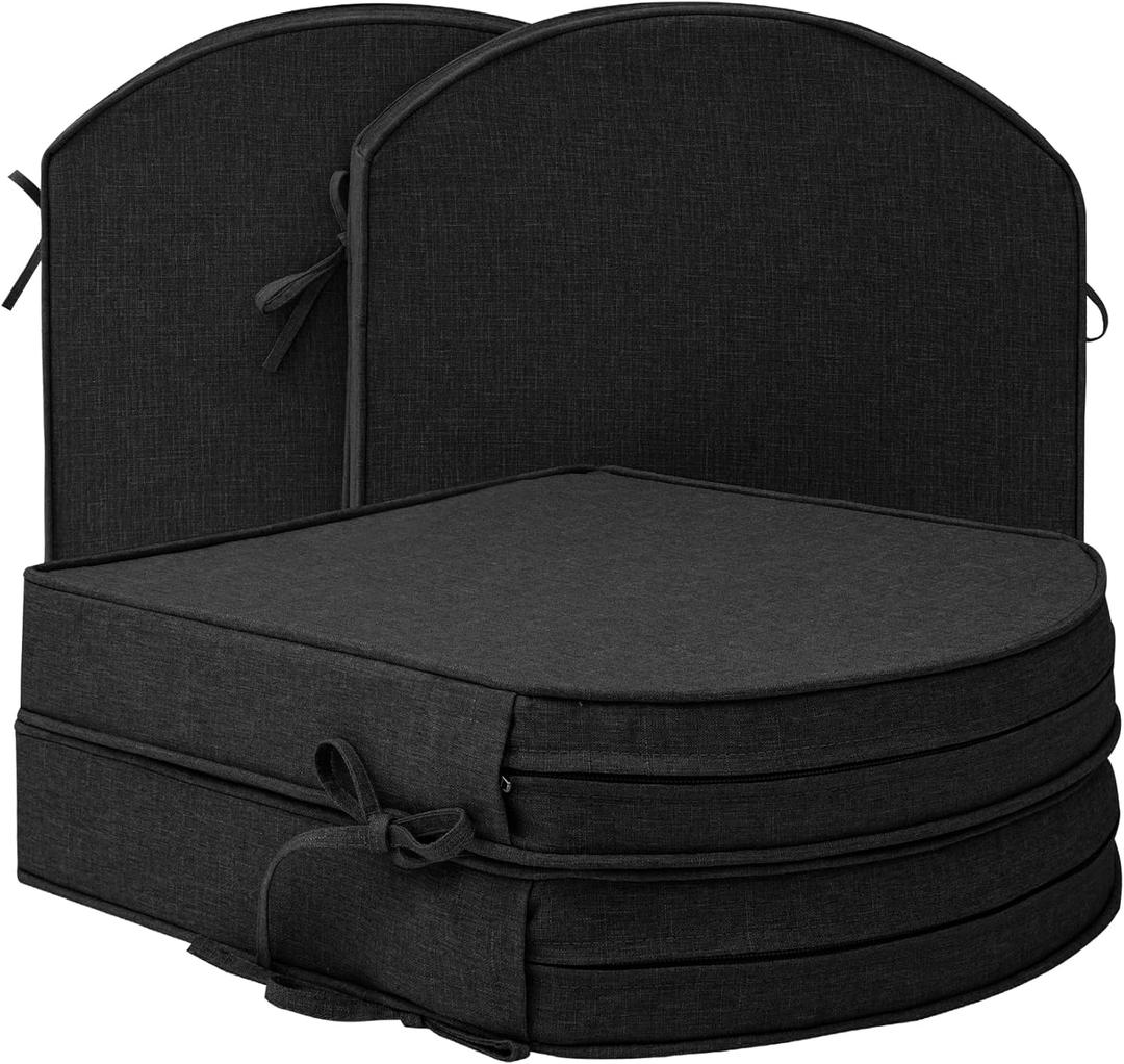 Outdoor Chair Cushions, Fade-Resistant & Water-Resistant, D Shaped Patio Furniture Seat Chair Pads Replacement with Ties, Non-Slip Bottom, Removable Cover, Count of 4, 18.5 x 16 Inch, Black