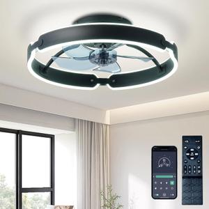 Ceiling Fans with Lights and Remote, 20'' Low Profile Ceiling Fan, 3000-6000K Dimmable Modern Flush Mount LED Fan Light, 6 Wind Speeds Black Ceiling Fans for Bedroom