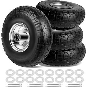 4.10/3.50-4 Tires and Wheels Flat Free 10 Inch Solid Tires Replacement with 5/8" Axle Bore Hole, 16 Spacers 8 Pins, for Cart, Garden Wagon, Wheelbarrow, Hand Truck, Trolley, Lawn Mower 4P