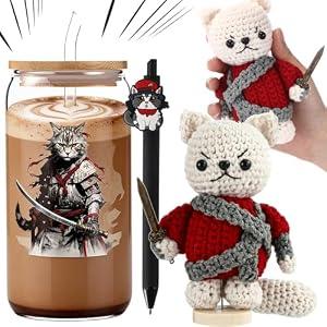 LemonRoad 3 Pcs Gifts for Cat Lovers Samurai Cat Tumbler Ninja Japanese Kitty Glass Cup Crochet Warrior Kitty Ballpoint Pens with Box for Easter Men Birthday Party