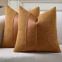 Pack of 2 Faux Leather Boucle Throw Pillow Covers 20"x20" Golden Brown Chic Accents Textured Square Decorative Pillow Cases for Living Room Couch Bed Farmhouse Boho Home Decor