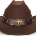 INOGIH Classic Black Western Felt Roll-Up-Brim Cowboy-Hat for Women Men - Bling Cowgirl-Hat Felt Fedora for Disco Parties (Brown)
