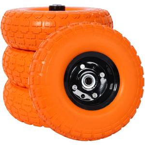 4-Pack 10-Inch Flat-Free Tire and Wheel, 4.10/3.50-4 Solid Rubber Replacement Tires with 5/8" Axle Bore, 2.2" Offset Hub, Double-Sealed Bearings, Heavy-Duty PU Foam for Hand Trucks, Wheelbarrows,Carts (Orange)