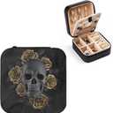 Black Skull with Gold Roses Small Travel Jewelry Case with Mirror Portable Black PU Leather Box Earrings Necklaces Rings Bracelets Storage Organizer Gift for Women And Girls