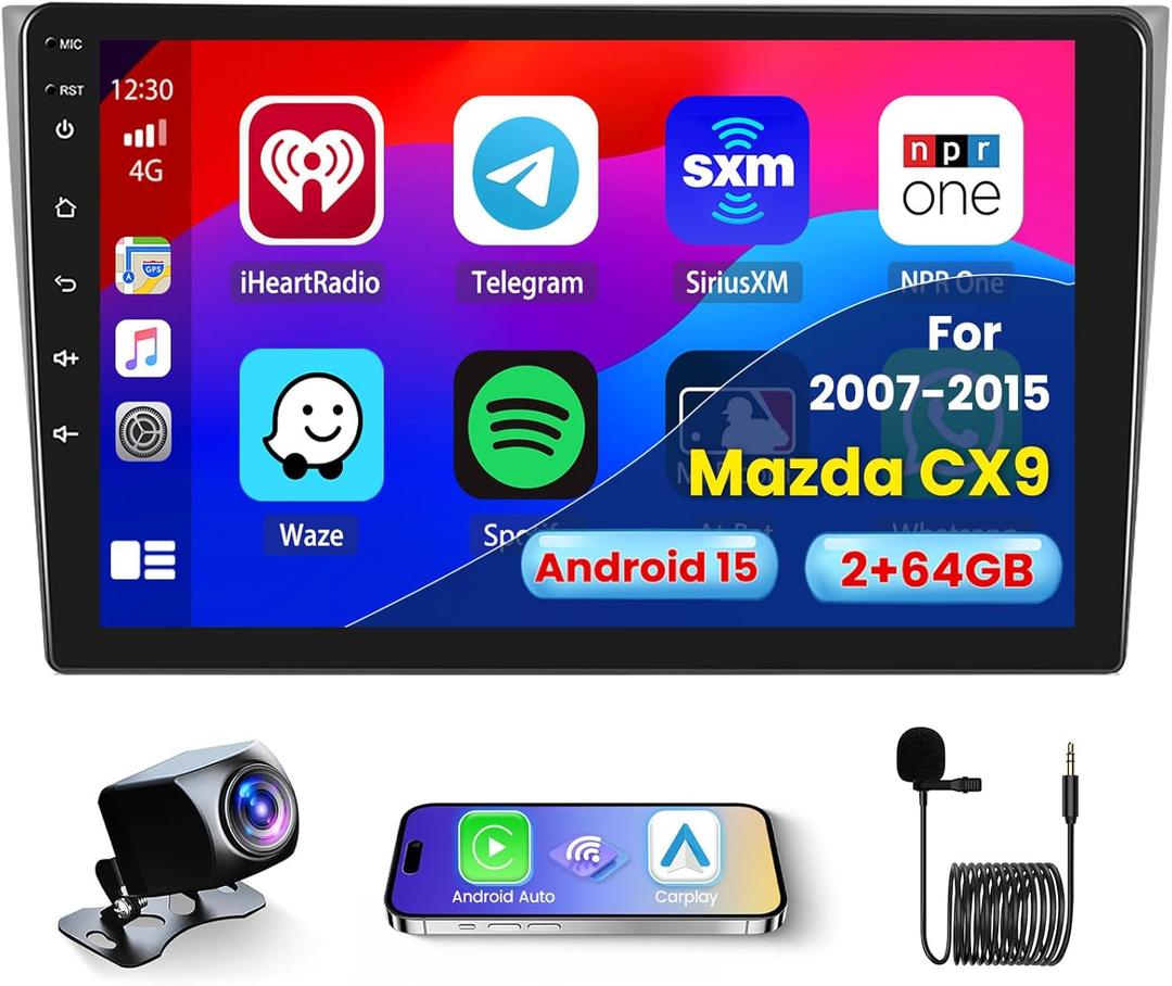 2+64G Car Stereo Radio for Mazda CX9 2007-2015 Android 15 CarPlay 10.1'' HD Touch Screen Compatible with Android Auto, AHD Backup Camera, Mirror Link, GPS, WiFi, FM RDS
