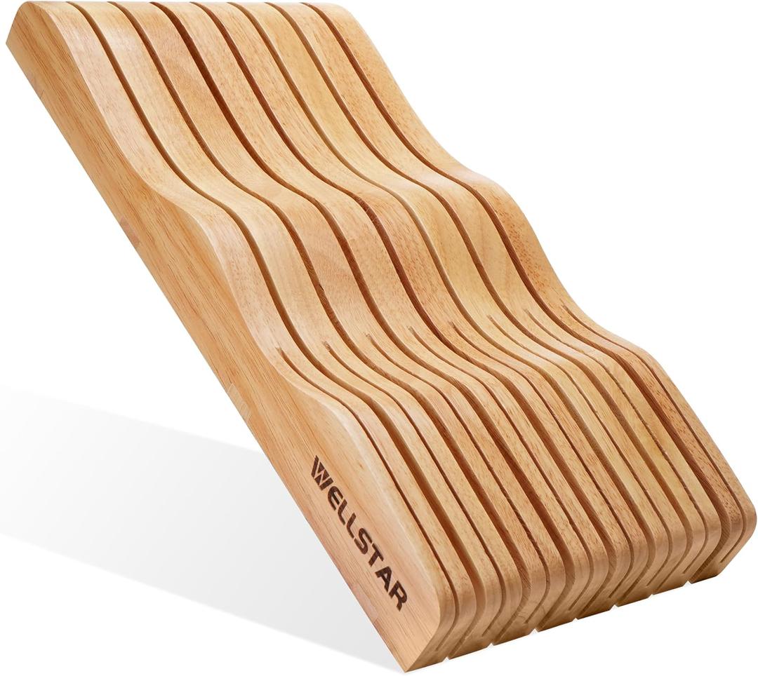 WELLSTAR Wood In-Drawer Knife Storage Block Holder - Organizer for 15 Knives, Kitchen Drawer Insert with Secure Blade-Down Storage, Durable Tray for Long & Short Knives (Knives Not Included)