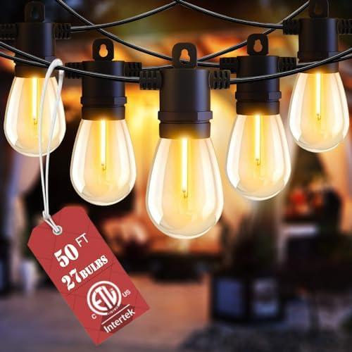 LONIUTO Outdoor String Lights, 50FT Patio String Lights with 27 S14 Vintage Waterproof & Shatterproof LED Bulbs, 2700K Hanging String Lights for Outside Backyard Cafe Garden Bistro Porch