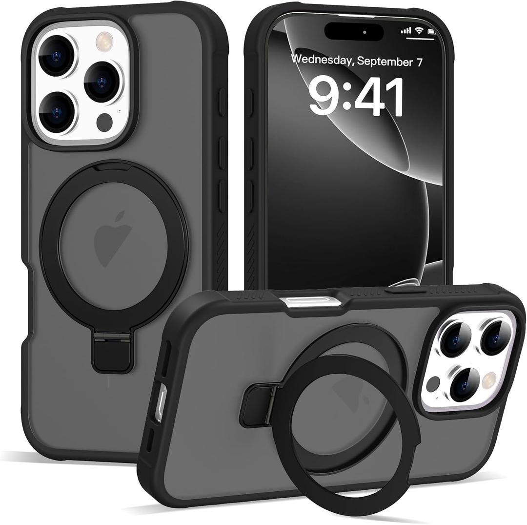 for iPhone 16 Pro Case with Invisible Ring Stand, Military Drop Protection Compatible with Mag-Safe Matte Translucent Back Anti-Slip Shockproof Phone Cover 6.3 Inch 2024-Black