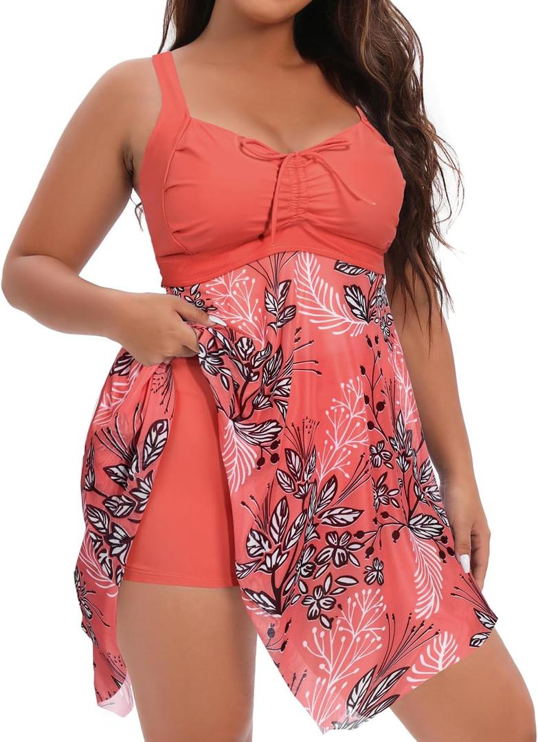 Daci Plus Size Two Piece Swim Dress with Shorts for Women Mesh Swimsuits Flowy Bathing Suits (Large, Red Floral)