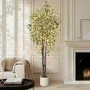 GarveeHome Artificial Eucalyptus Tree, 7 ft Tall Fake Artificial Plant with White PlanterLarge Faux Floor Plant Fake Silk Trees with 100 Lights Artificial Trees for Home Decor Indoor