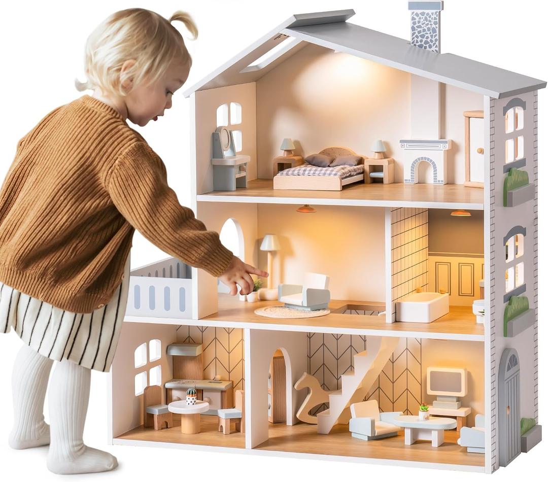 ROBOTIME Wooden Dollhouse, Wooden Doll House with 29 Pieces of Furniture, 6 Rooms Fits 4-6 Inch Dolls, Gift for Kids Ages 3+, One Size