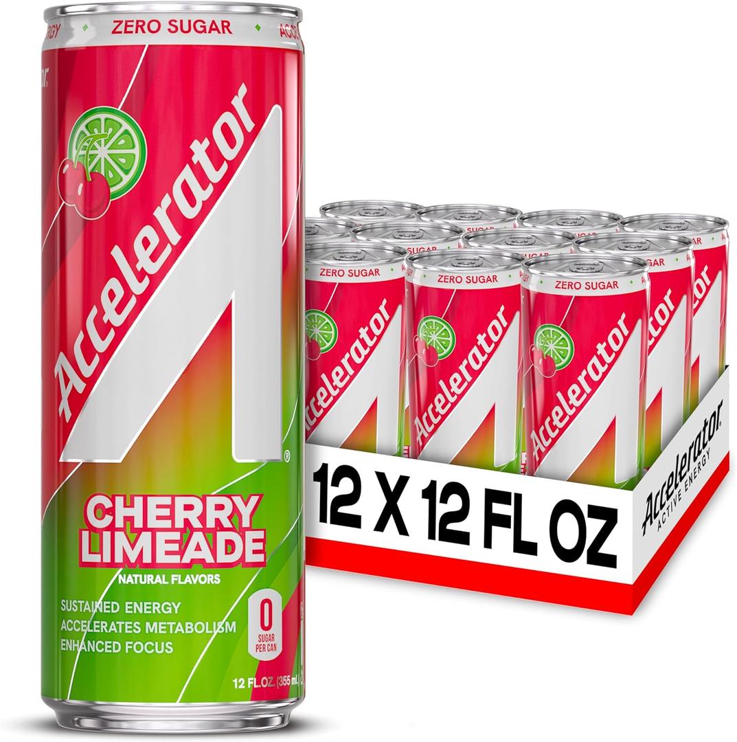 Accelerator Energy Drink, Cherry Limeade 12oz can (12 pack), Zero Sugar, Sustained Energy from 100% Natural Caffeine (200mg from Green Coffee Bean & Green Tea extract) Best By: 06-26