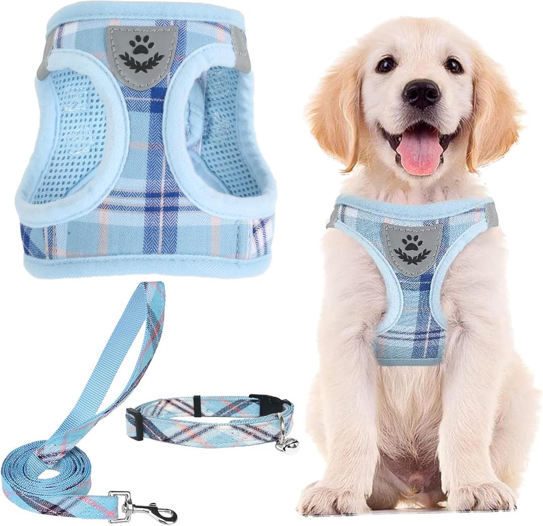 PUPTECK Adjustable Dog Harness Collar and Leash Set Step in No Pull Pet Harness for  Dogs Puppy and Cats Outdoor Walking Running, Soft Mesh Padded Reflective Vest Harnesses, Blue L