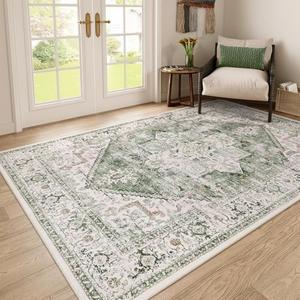 LIVEBOX 6x9 ft. Sage Green Rug for Living Room- Large Oriental Rug for Bedroom, Non-Slip Retro Dining Room Rugs for Under Table, Low-Pile Soft Vintage Rugs for Office Guest Room