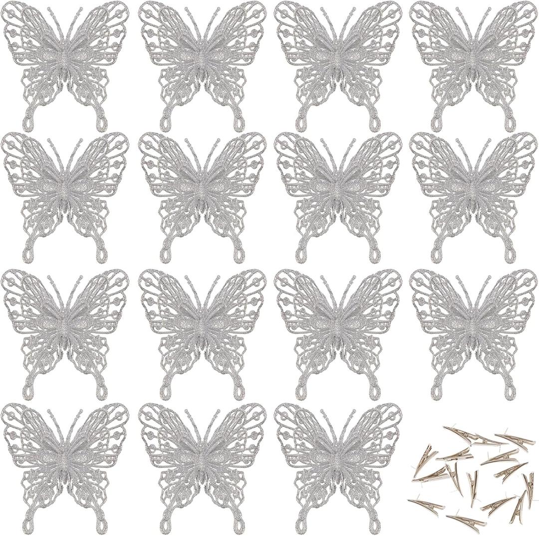 15 PCS Glitter Butterfly Christmas Tree Ornaments, Hollow-Out Butterfly Christmas Decoration with Clips, Craft Xmas Ornaments, Christmas Tree, Wreath, Garland, Home Decorations, Silver