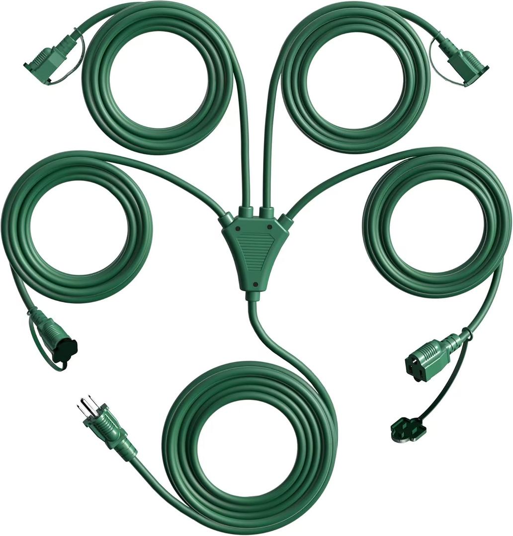 Eversimpleinc 1 to 4 Splitter Extension Cord (Combined 46 FT, End to End 28 FT), 3 Prong Plug with 4 Extended Outlets, with Weatherproof Covers for Indoor and Outdoor (Green)