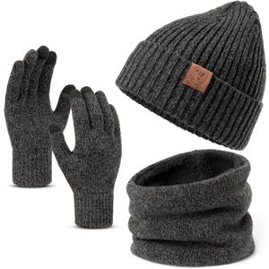 OZERO 3 Pcs Winter Hat Scarf Gloves Set for Women Men: Touchscreen Gloves Knit Beanie Neck Warmer Set Warm Polar Fleece Lined (Gray)