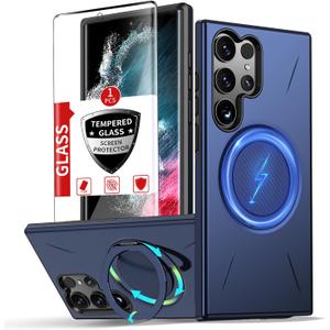 IYTRRYH for Samsung Galaxy S22 Ultra Case with 360°Rotatable Invisible Magnetic Stand Ring[Compatible with MagSafe] [1*Screen Protector] for S22 Ultra Phone Case Military-Grade Shockproof Slim Blue