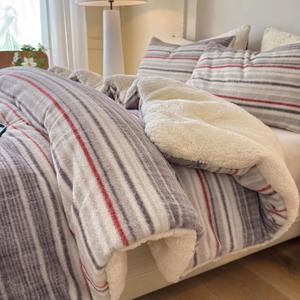 Cyusri Striped Sherpa Comforter Set 3Pcs Fluffy Warm Fleece Down Alternative, Grey Red Bedding Set with 2 Pillowcases, Queen Size 90"x90"
